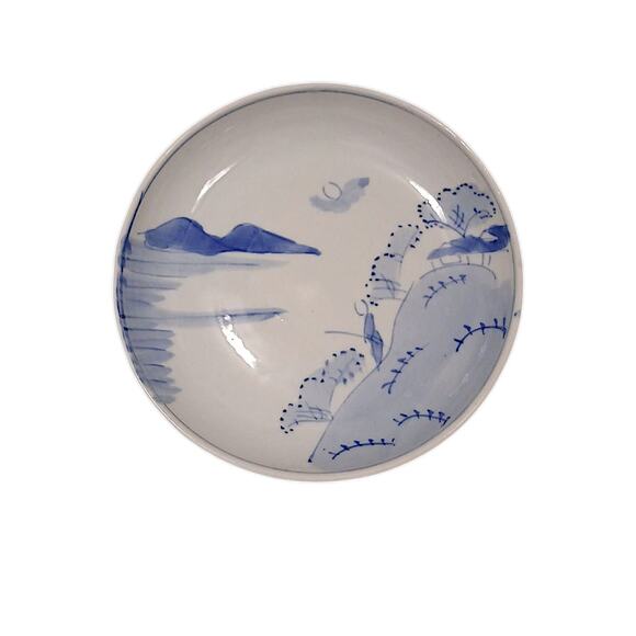Meiji Arita Japan Plate Antique 19th Century Blue & White Hand Painted Fishing